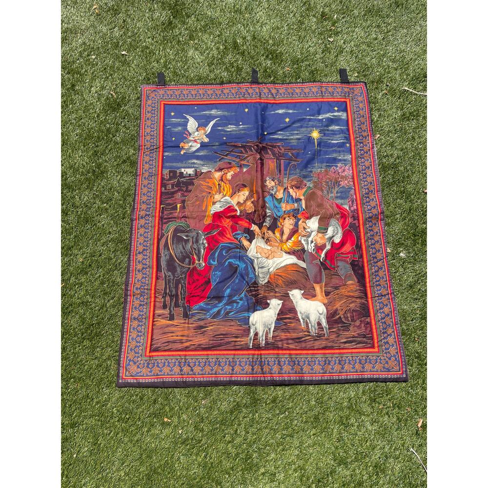 Nativity Scene Wall Hanging Tapestry Christmas Decor Angel Lambs Holiday Vintage - Picture 3 of 9